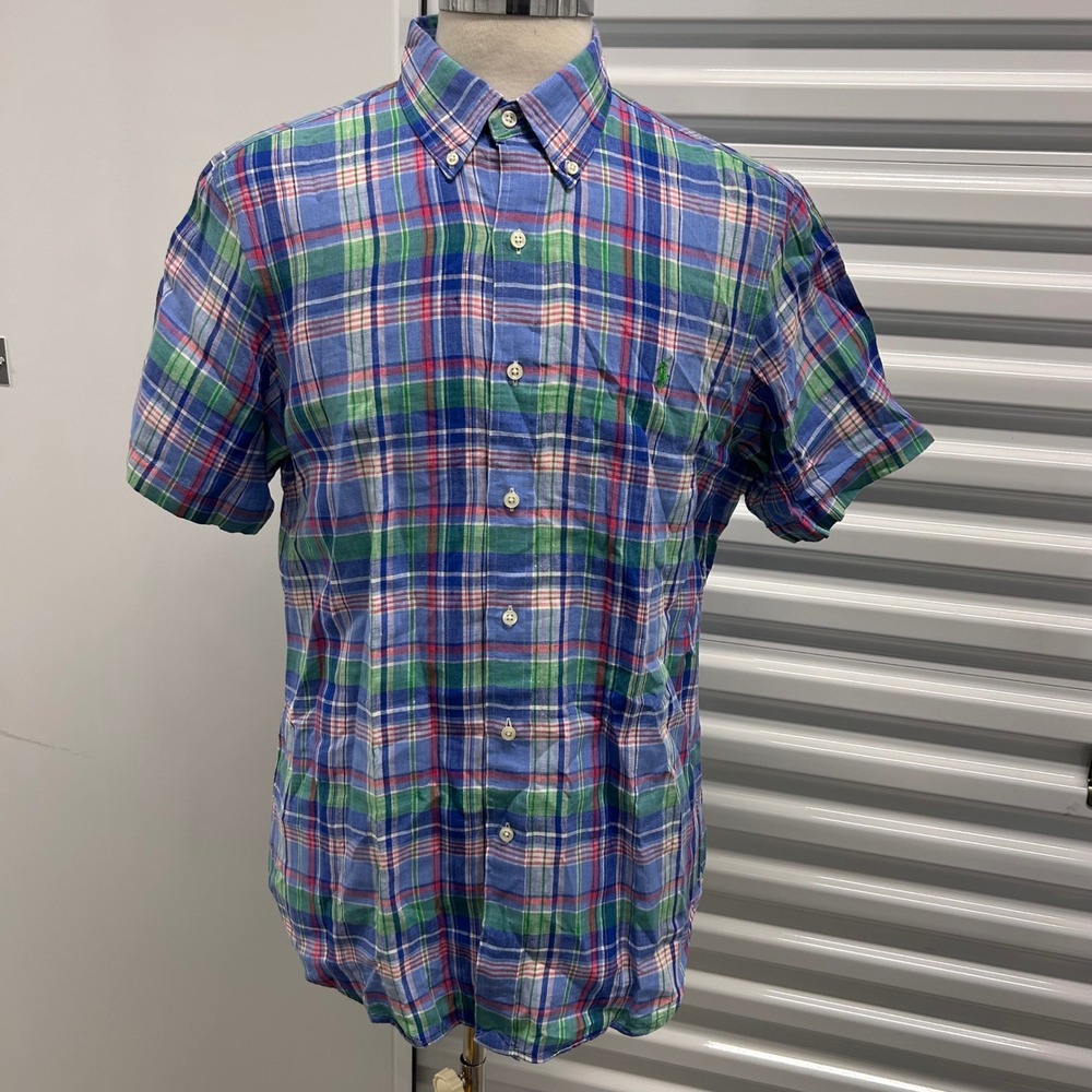 Ralph Lauren Men's Plaid %100 LINEN short Sleeve Button Down Shirt Size L